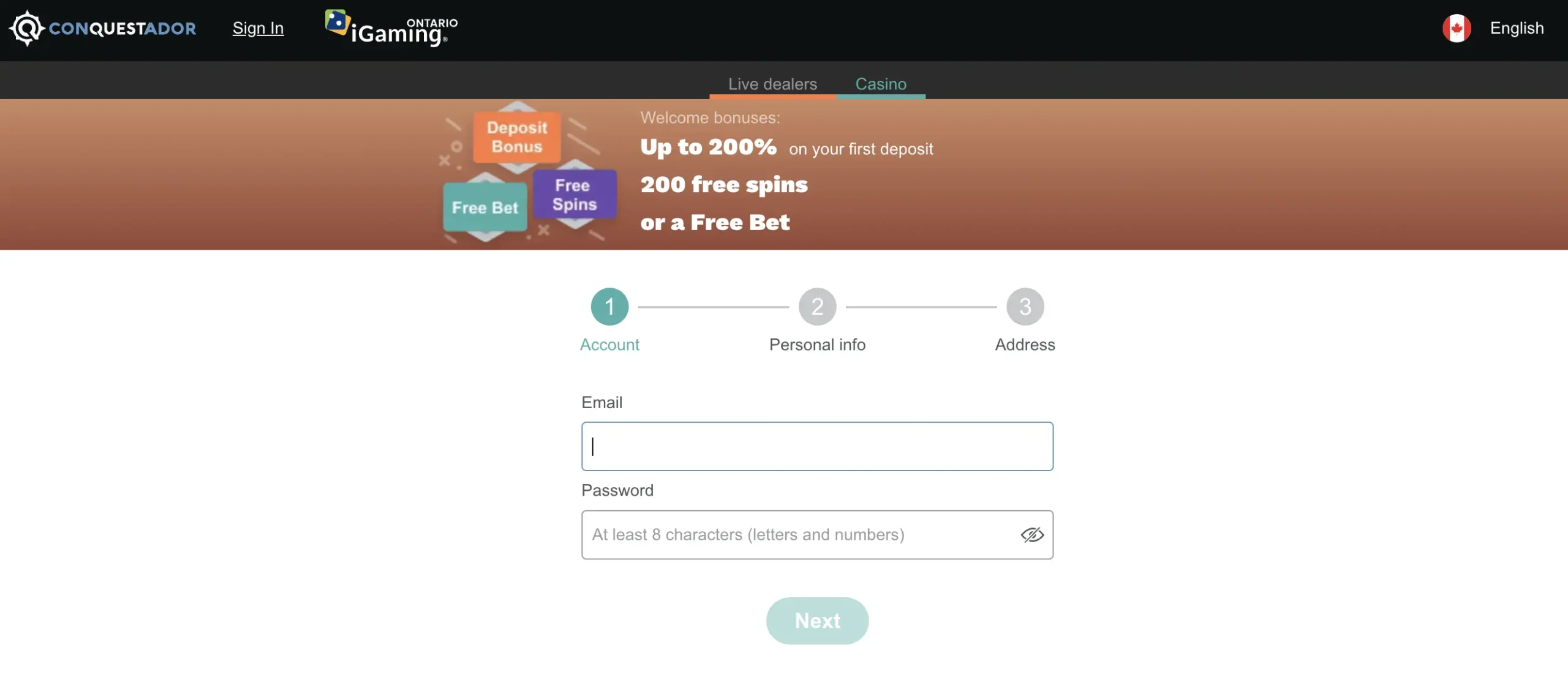 Conquestador Casino registration